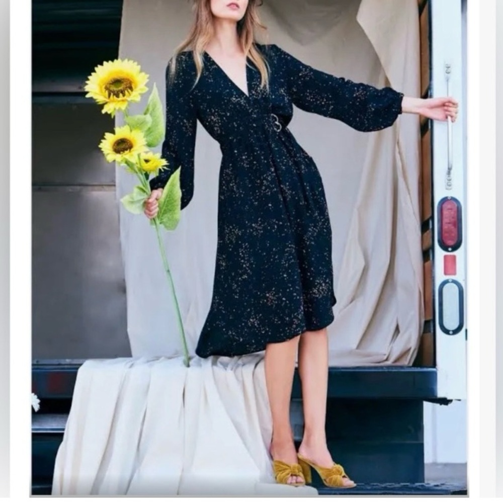 A.L.C. Samantha Deep-V Long Sleeve Confetti Black Silk Midi Dress Sz 0 XS. EUC